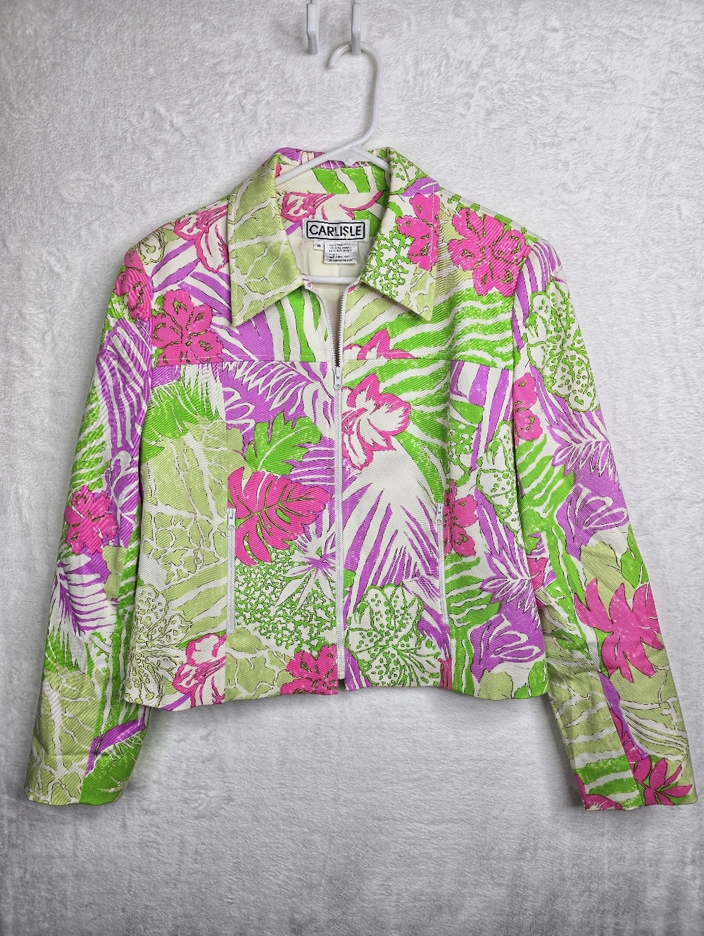 VTG Carlisle Tropical Floral Cropped Jacket 14 Pink Green Resort Shoulder Pad